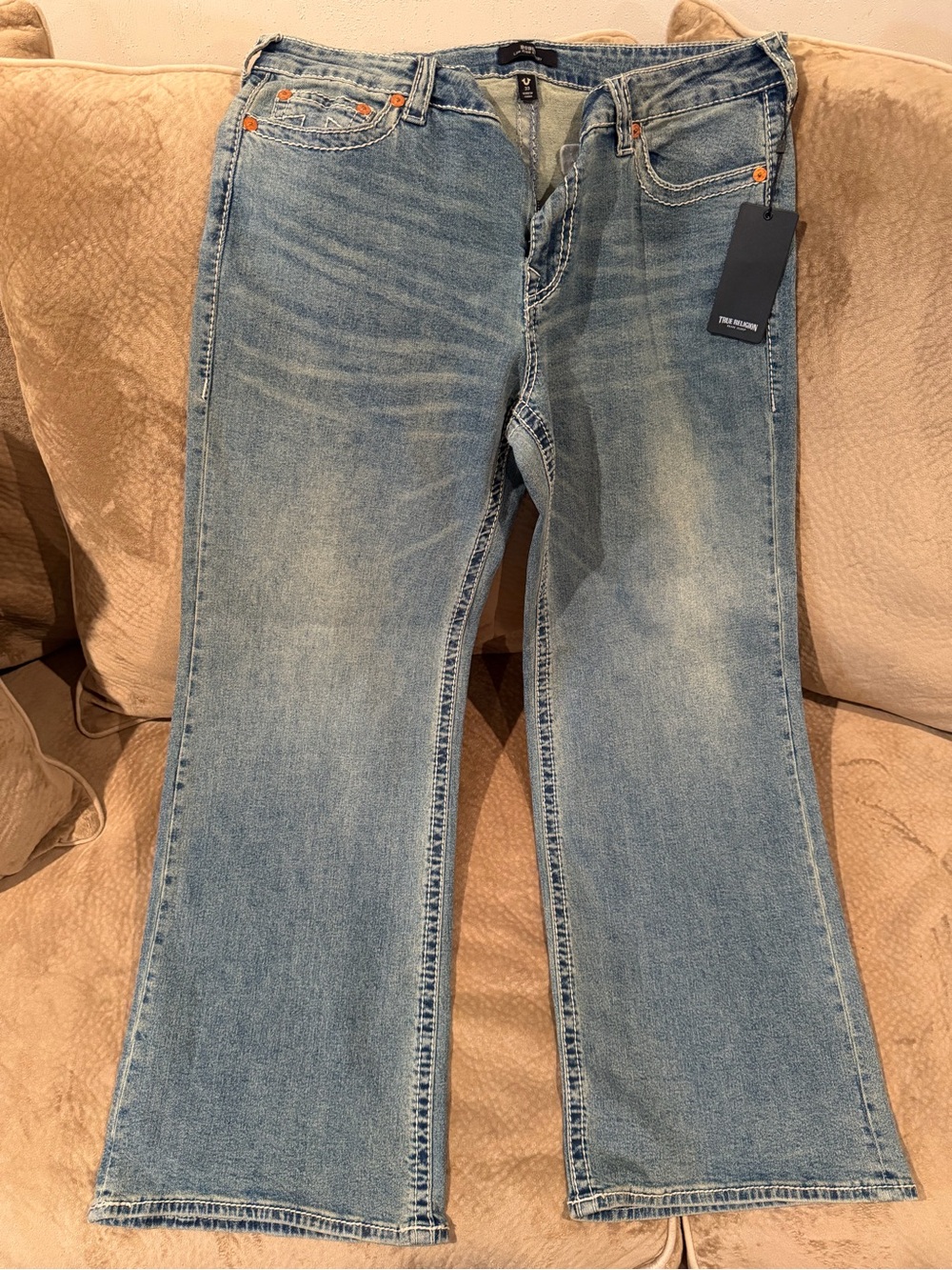 True Religion Light Blue Flare Jeans with Subtle Whiskering